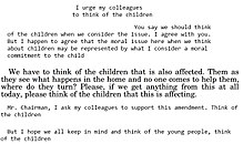 Typed statements with different sizes and fonts on a white background. The statements all include the phrase "think of the children"