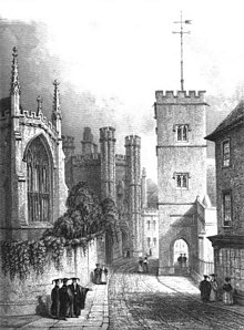 All Saints in the Jewry in 1841 opposite Trinity's chapel (far left) and St John's College gatehouse All Saints in the Jewry, Cambridge.jpg