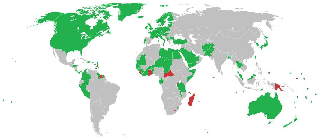 Mapa państw uznających niepodległość Kosowa:      Kosowo (ciemnoszary)      uznające niepodległość Kosowa (zielony)      wycofały uznanie niepodległości Kosowa (czerwony)      pozostałe (szary)