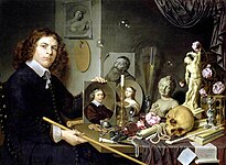 David Bailly: Vanitas-stilleven met zelfportret van de schilder, circa 1651, veel voorwerpen tonend die iets zeggen over zijn leven.