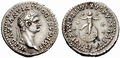 Domitianus római császár ezüst denarius érméje, súlya 3,51 gramm. A császárportrés előoldal felirata: IMP CAES DOMITIANVS AVG P M. DIVVS CAESAR IMP DOMITIANI F. A hátoldalon Domitianus ülő fia, gyermek Jupiterként ábrázolva a glóbuszon, és a Nagy Medve csillagkép látható, a felirat: DIVVS CAESAR IMP DOMITIANI F.