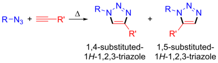 Thermal addition gives a mixture of 1,4 and 1,5 isomers Huisgen-azide-alkyne-cycloaddition.png