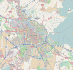 Mapa konturowa Amsterdamu, w centrum znajduje się punkt z opisem „Stedelijk Museum”