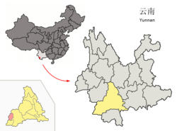 Location of Ximeng County (pink) and Pu'er City (yellow) within Yunnan