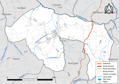 Carte en couleur présentant le réseau hydrographique de la commune