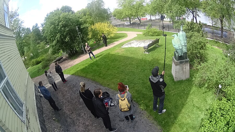 Photographing a work of art in the public space. Freedom of Panorama in Finland does not cover works of art, thus the work Eagles, 1903 by Bertel Nilsson was chosen, because it is already in Public Domain.