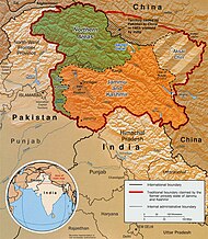 En verd, la regió de Caixmir sota control pakistanès. La zona bruna fosca és sota control hindu Jammu i Caixmir mentre que Aksai Chin és sota ocupació xinesa