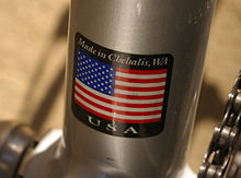 Seat tube badge on a Klein Quantum, saying "Made in Chehalis, WA"