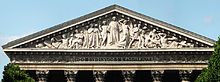 Neoclassical pediment of the Madeleine Church, Paris, with sculpture (1826-1834) by Philippe Joseph Henri Lemaire. Madeleine collage.jpg