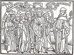 Gravuraĵo de la verko Defensio Germaniae, 1502, kie Jakobo Wimpfeling aperas kune kun siaj lernantoj, debatante kun Thomas Murner (1475-1537)