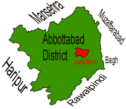 Location of Namli Mera (highlighted in red) within Abbottabad district, the names of the neighbouring districts to Abbottabad are also shown