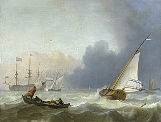 Rough sea with a Dutch yacht under sail label QS:Len,"Rough sea with a Dutch yacht under sail" label QS:Lpl,"Wzburzone morze z holenderskim jachtem pod żaglami" label QS:Lnl,"Woelige zee met Nederlands jacht onder zeil" 1694. oil on canvas medium QS:P186,Q296955;P186,Q12321255,P518,Q861259 . 37 × 46 cm (14.5 × 18.1 in). Amsterdam, Rijksmuseum Amsterdam.