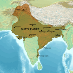 Map of the Gupta Empire c. 420 CE, according to Joseph E. Schwartzberg, with contemporary polities[1]