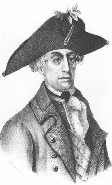 Johann Beaulieu, an Austrian Commander in chief, seen in a black-and-white sketch with a black hat, grey overcoat, and a blank expression.