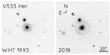 Two images of the shell surrounding V533 Hercules taken 25 years apart, showing the nebula's expansion. Both were taken with Ha filters, left at the William Herschel Telescope, and right with the Nordic Optical Telescope. V533HerNebulaExpanding.png