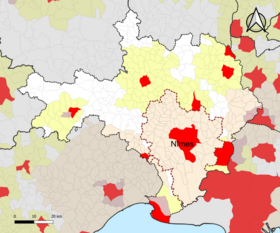 Localisation de l'aire d'attraction de Nîmes dans le département du Gard.