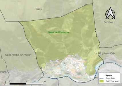 Carte de la ZNIEFF de type 2 sur la commune.