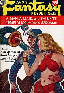 A bug-eyed monster, a trope of early science fiction. Illustration shows Stanley G. Weinbaum's 1951 story "A Man, A Maid, and Saturn's Temptation".