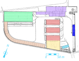 Dessin en couleurs des plans d'un ensemble de bâtiments.