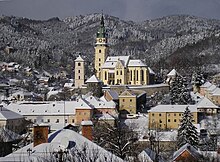 Kremnica with Kremnica Castle, an urban castle (German: Stadtburg
) which is situated in the background. Kremnica v zime.jpg