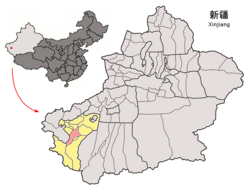 Yarkant County (red) within Kashgar Prefecture (yellow) and Xinjiang