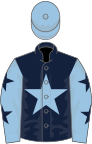 Dark blue, light blue star, light blue sleeves, dark blue stars, light blue cap