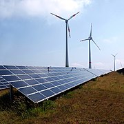 Photovoltaic array and wind turbines at the Schneebergerhof wind farm in the German state of Rheinland-Pfalz Schneebergerhof 01.jpg