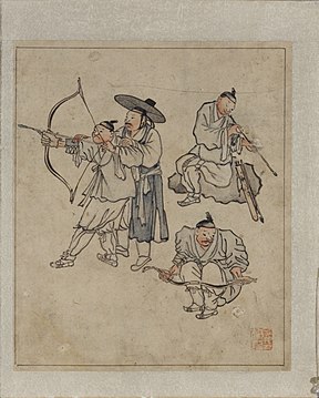 Drawing of Kim Hong-do, people learning and teaching archery. Using {{Artwork}} template. (via revi)