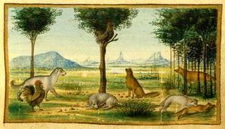 A painting of the fable in a Greek manuscript, c.1470 Medici Cock.JPG