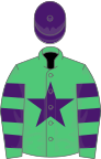 Emerald green, purple star, hooped sleeves, purple cap