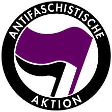 One variant of fantifa symbol, displaying an anarcha-feminist purple flag symbolic of the female gender instead of the traditional socialist red flag of Antifaschistische Aktion. Anarcho-feminist antifa.svg