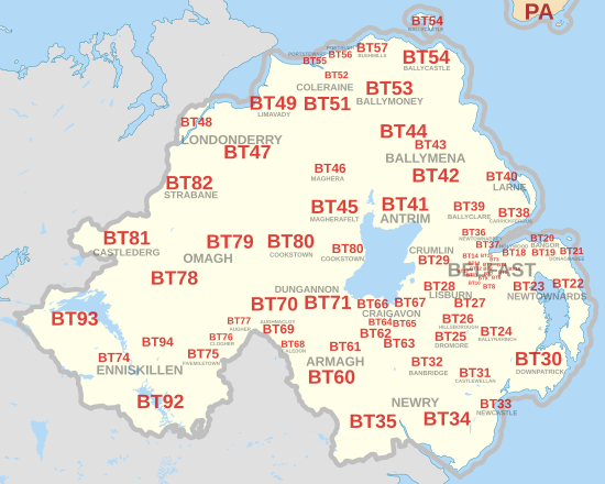 BT postcode area map, showing postcode districts, post towns and neighbouring postcode areas.