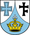 Gemeinde Todtenweis In Silber eine eingeschweifte blaue Spitze, darin eine goldene Königskrone, vorne ein blaues Ulrichskreuz, hinten ein schwebendes, schwarzes Kreuz, dessen Längsbalken links unten mit einem kurzen Balken besteckt ist.