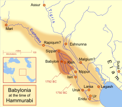 Вавилония по време на управлението на Хамурапи, 1792 – 1750 пр.н.е. – Ешнуна е отбелязан на картата