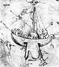 Hieronymus Bosch (?). Ship in flames label QS:Len,"Ship in flames" label QS:Lde,"Schiff in Flammen" label QS:Lnl,"Schip in vlammen" . atrament na papierze medium QS:P186,Q127418;P186,Q11472,P518,Q861259 . 17,6 × 15,3 cm. Wiedeń, Akademie der bildenden Künste.