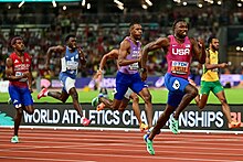 Lyles competing in the 200m final in Budapest 200m men final Budapest 2023.jpg