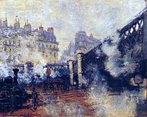 Monets Le Pont de l'Europe (1877). Deel van een serie, zoals Monet vaker reeksen schilderde. Op de derde tentoonstelling.