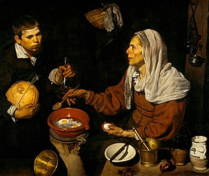 Bodegón with elements of genre paintings — kitchen and cooking. An Old Woman Cooking Eggs by Diego Velázquez; 1618, 101 × 120 cm, Scottish National Gallery.