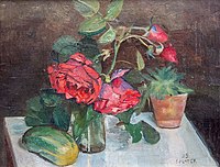 A still life with red roses in a glass vase, 1929