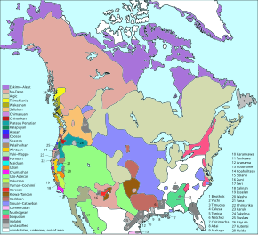 Colour-coded map of North America showing the distribution of North American language families north of Mexico