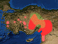 Yoğun Luvice yazıt ve dili konuşulan alanlar kırmızı, sadece Luvice yazıtlar ise açık kırmızı renkle gösterilmiş.