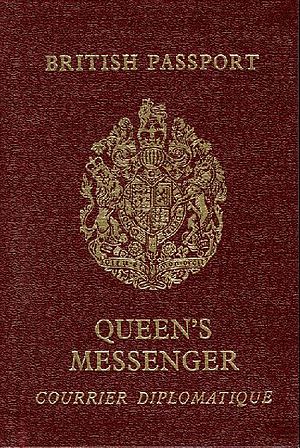 British passport of the Queen's Messenger travelling on official business (not issued after 2014). QueensMessengerpassport.jpg