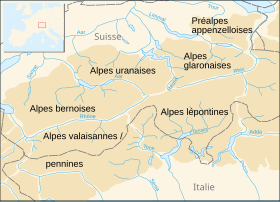 Carte de localisation des Alpes glaronaises dans les Alpes centrales.