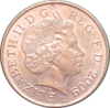 An image of Queen Elizabeth II in profile on the obverse side of the British one penny coin