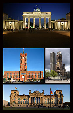 Porta e Brandenburgut (lart), Rotes Rathaus (në mes majtas), Kisha Përkujtimore (në mes djathtas), Ndërtesa Reichstag (poshtë)