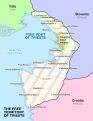 Map of the Free Territory of Trieste, showing its two administrative zones, one of which was later absorbed by each of its two neighbours (Slovenia and Croatia were both part of Yugoslavia at the time).