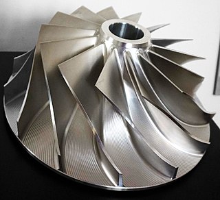 <span class="mw-page-title-main">Impeller</span> Rotor used to increase (or decrease in case of turbines) the pressure and flow of a fluid or gas