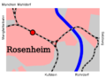 Kaartje spoorlijnen te Rosenheim. De blauwe streep stelt de Inn voor.