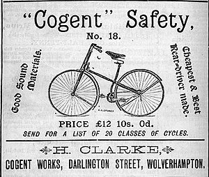 An advertisement for a safety bicycle that was to cause the great boom of the 1890s, costing PS12 10s (equivalent to PS1,800 in 2023). Safety bicycle 1887.jpg