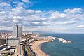 Aerial view of Somorrostro Beach and Port Olympic in Barcelona, Spain